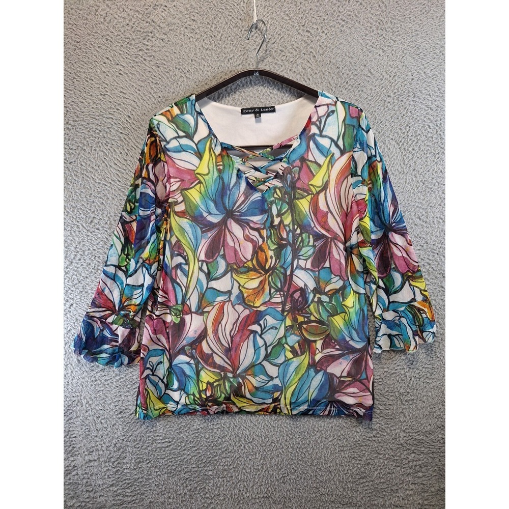 Zoey & Leelo Blouse Top Womens Medium Multicolor Floral Lace Up Neck Bell Sleeve